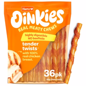 Hartz Oinkies Tender Twists Rawhide‑Free Dog Treats with Real Chicken Breast, Highly Digestible Dog Chews, 36 Count